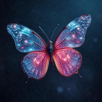 The primary subject of the image is a butterfly with a blue and red color scheme. The butterfly is displayed against a dark blue background, which creates a striking contrast with the vibrant colors of the butterfly. The visual style of the image is a combination of photo and digital art, as it appears to be a close-up of the butterfly with a detailed and realistic appearance. The colors and mood of the image are lively and energetic, with the blue and red hues evoking a sense of movement and dynamism.